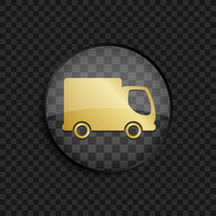 Black badge with gold truck silhouette on square background 