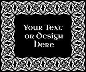 A black and white ornate rectangular frame based on a Celtic Quarternary knot, vector illustration