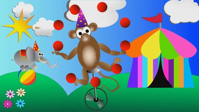 monkey juggling balls and circus elephant balancing on a big ball kids cartoon animation 