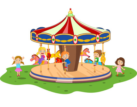 Cartoon little kid playing game carousel with colorful horses 