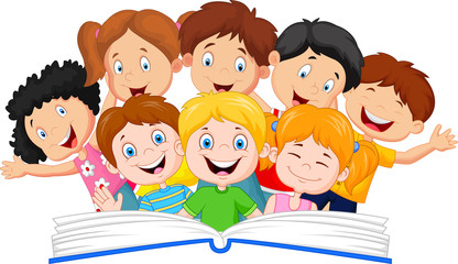 Cartoon little kid reading book 