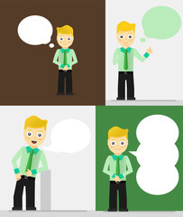 Set of young businessmen with speech bubbles. Talking, thinking