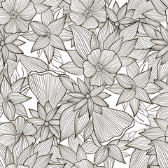 Abstract seamless pattern with black and white flowers