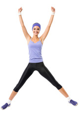 happy smiling woman jumping or doing fitness aerobics exercise,