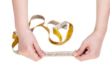 female hands with measuring tape line isolated