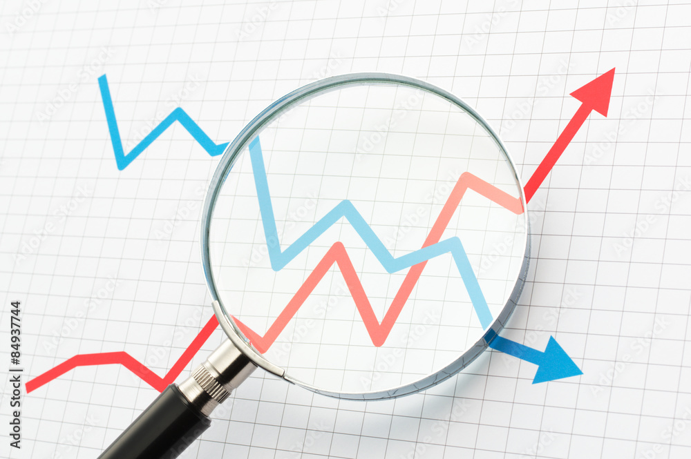 Aufkleber line graph and magnifying glass. watching moves.