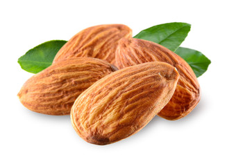 Obraz na płótnie Canvas Almond. Nuts with leaves isolated on white background