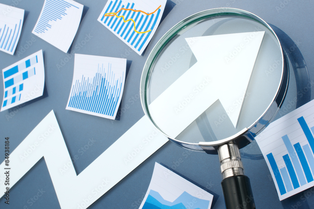 Poster looking growth arrow with magnifying glass. concept image of gro