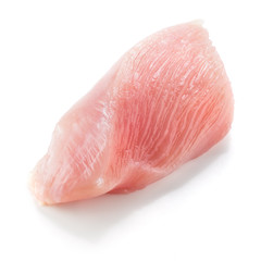 Raw chicken fillet. Small piece of meat isolated on white.