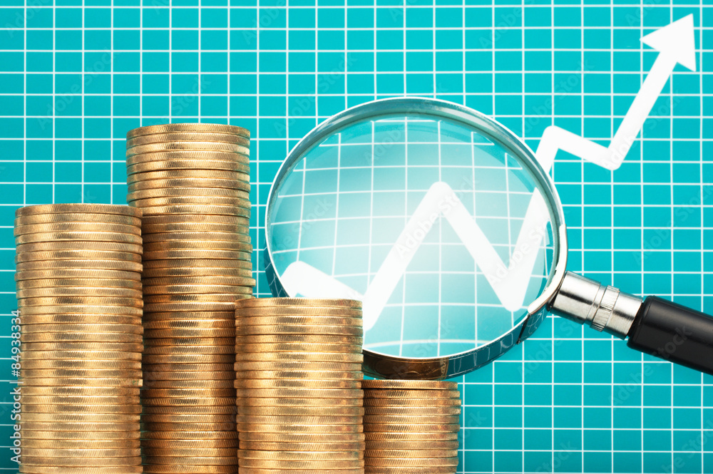 Poster reading and analyzing chart with magnifying glass. investment st