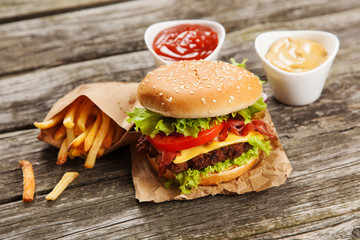 Delicious hamburger and fries