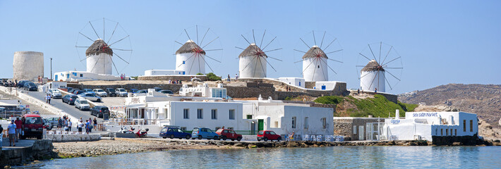 Traditional windmills in Mykonos island - Greece - obrazy, fototapety, plakaty