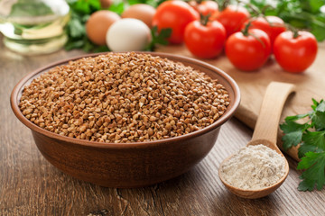 Ceramic bowl with buckwheat.