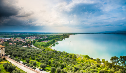 Trasimeno lake panoramic view, Umbria, Italy