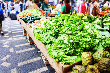 Fresh vegetables and fruits in Mercado Dos Lavradores. Funchal,