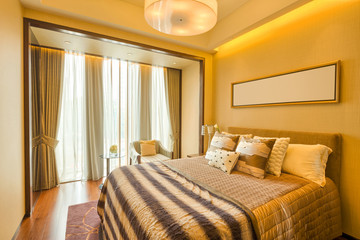 luxury hotel bedroom with upscale furniture and modern style dec
