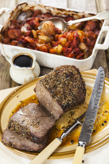 Roast beef joint with roast vegetables