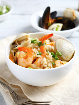 Rice with seafood in a bowl