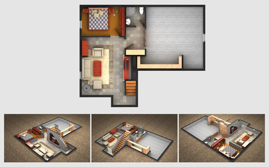 Rendered plan and three isometric views of a furnished house