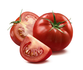 Whole tomato, half and quarter piece isolated on white backgroun