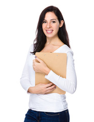 Caucasian woman hold with clipboard