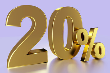 twenty, as a golden three-dimensional figure with percent sign
