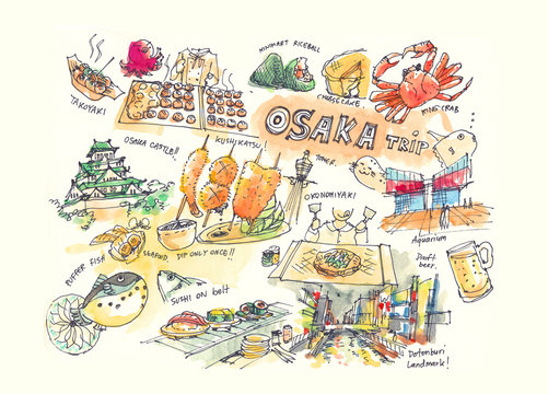 Osaka Japan drawing illustration of landmark and must do items