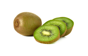 closeup whole and sliced kiwi fruit on white background