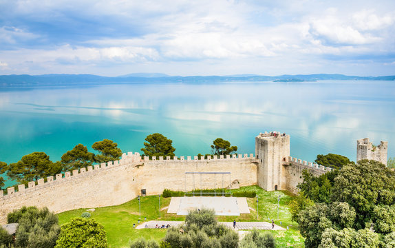 Trasimeno lake panoramic view,Castiglione del lago fortress, Umbria, Italy