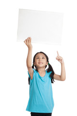 Asian little girl point up hold a blank sign