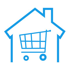 Obraz premium Icono aislado casa con carro compra azul
