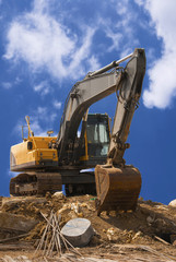  construction site digger, excavator and dumper truck. industrial machinery on building site