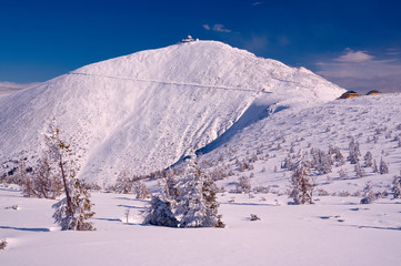 Hut on the top in the Giant Mountains in winter.