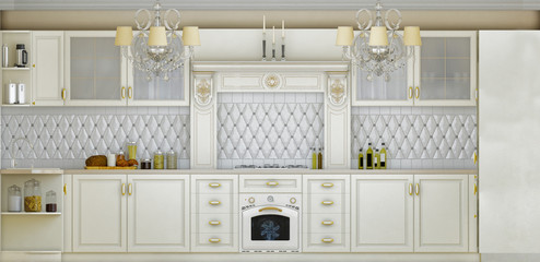 Fototapeta na wymiar 3D illustration of white kitchen in classical style