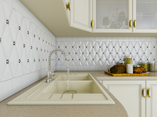 3D illustration of white kitchen in classical style