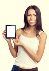 Fototapeta premium Young woman showing blank no-name tablet pc monitor