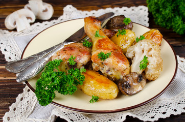 Baked chicken legs with potatoes, champignon and cauliflower