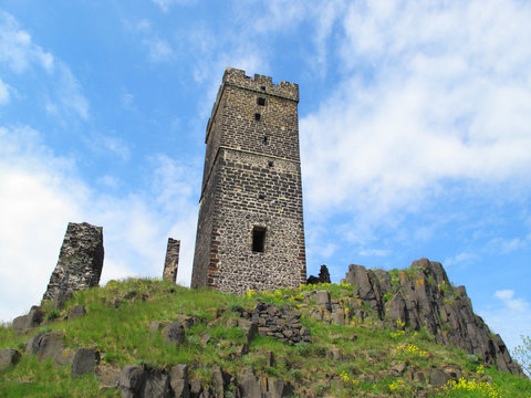 Hazmburk gothic castle on rocky mountain in Ceske Stredohori, Czech republic.