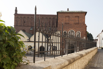 old synagogue in jewish district of krakow - kazimierz on szeroka street in poland