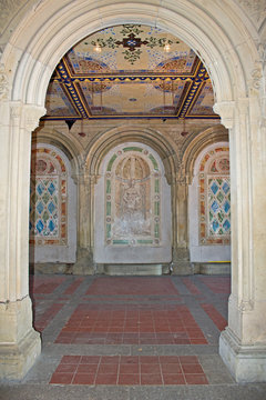 Arches and Painted Tiles - Concrete Archway in Front of Painted Ceramic Tiled Arches and Ceiling in Central Park, New York City