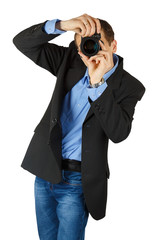 Portrait of young and handsome professional photographer in busi