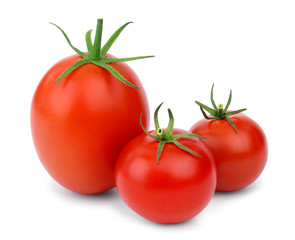 Three tomatoes of different sizes and shapes, isolated on white background.