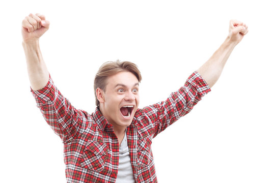 Laughing nice guy holding hands up