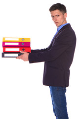 Office man giving a folders isolate on white background