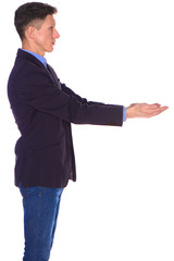 Man office taking something isolated on white background.