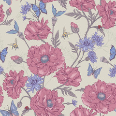 Summer Vintage Floral Seamless Pattern with Blooming Poppies