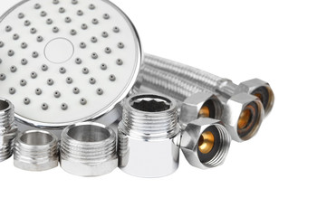 Plumbing fitting, hosepipe and showerhead, isolated on white background