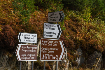 Road signs, Elan Valley Reservoirs, welsh English bilingual