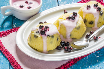 Delicate curd pudding with yoghurt sauce and currants