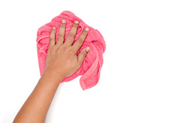 man hand and pink rag cleaning on white